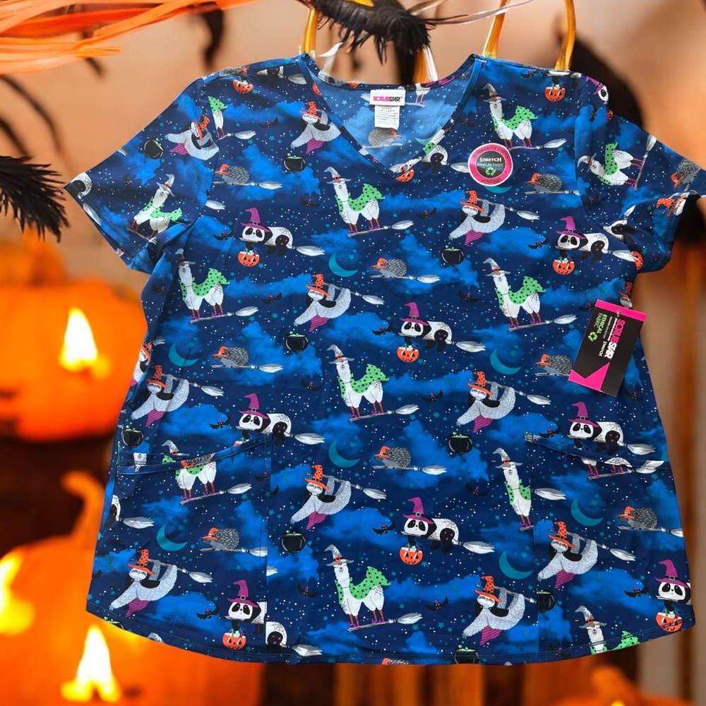 ScrubStar Halloween Scrub Top 2XL Witch Llama Panda Print Blue NWT Stretch
